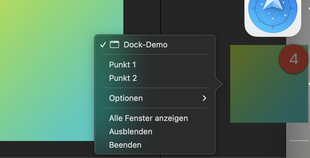 Ein Dock-Icon mit Kontextmenu und Badge