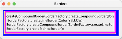 Abbildung: createCompoundBorder(BorderFactory.createLineBorder(Color.GREEN, 35), BorderFactory.createLineBorder(Color.MAGENTA, 25, true)