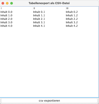 Fenster mit Tabelle und Export-Button